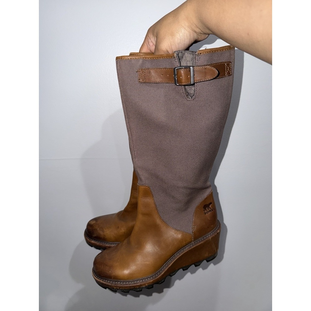 Women's 9.5 Sorel Cool Canvas Boots Brown Leather Knee High Wedge Side Zip‎ Tall